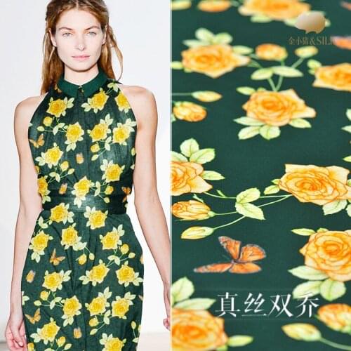 Warm Yellow Rose Digital Printing Silk Double Joe Fabric Mulberry Silk Advanced Fashion Cloth Clothing Women 's Dress Summer