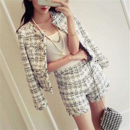 Spring & Autumn Fashion plaid woolen jacket coats Slim shorts two piece set high quality coat shorts Set women