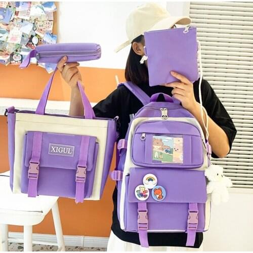 Waterproof School Bag For Girls Kawaii Pendant Badge Student Bookpacks 4-piece Fashion Womens Backpack Large Capacity Canvas