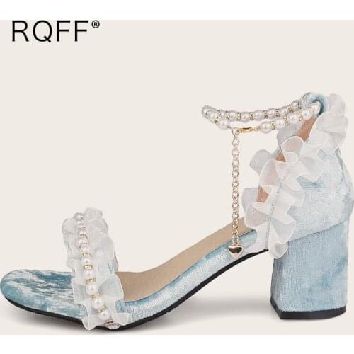 Summer Women Sandals 2021 New Fashion Lace Artificial Pearl Open Toe Block High Heels Plus Size 45 Party Dress Handmade Shoes