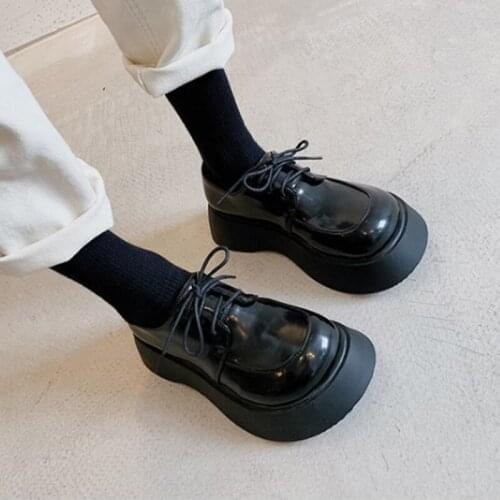 Women British Leather Shoes Thick Bottom Female Lace-up Fashion Girls Mary Janes Shoes Soft Leather Autumn&Winter Platform Shoe