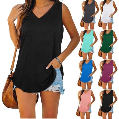 Womens Summer Tank Tops Fashion Solid Color Tops V Neck Sleeveless Vest Loose Casual Womens Clothing Tanks топик женский