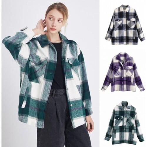 Fall New Pop Womens Lapel Long-sleeved Cardigan Breasted Chest Pocket Loose Plaid Shirt Houndstooth Ladies Wool Plaid Shirt