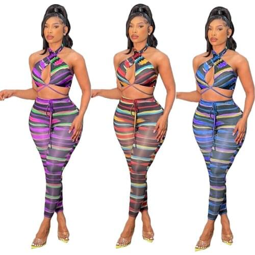 Sexy Bandge Striped Two Piece Set Women Halter Crop Top and Long Skinny Pants Summer Club Outfit Party Wear Matching Sets 2021