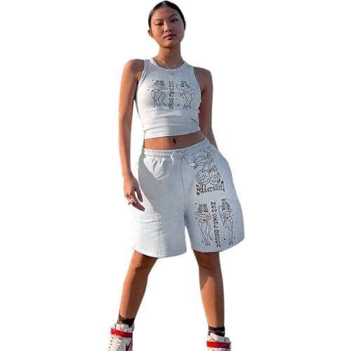 2021 Women Thighs Suit Sexy Printed Angel Sleeveless Tops Vest High Waist Drawstring Straight Shorts Suits Biker Knees Set