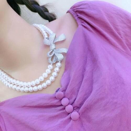 Real fresh water pearl necklace double layers cubic zircon bowknot short necklace fine women jewelry for party wedding