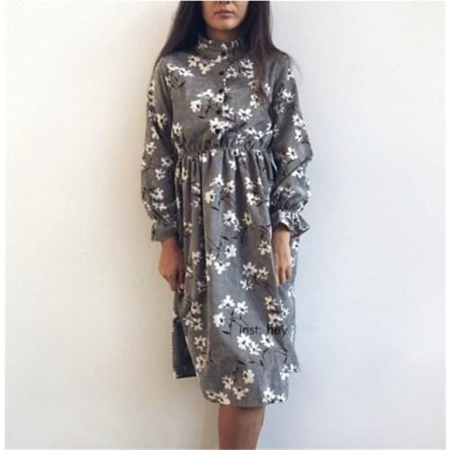 2019 Autumn Winter Women Corduroy Dresses Casual Long Sleeve Flower Print Party Dress Female Thick Vestidos PlusPlus Size 6XL