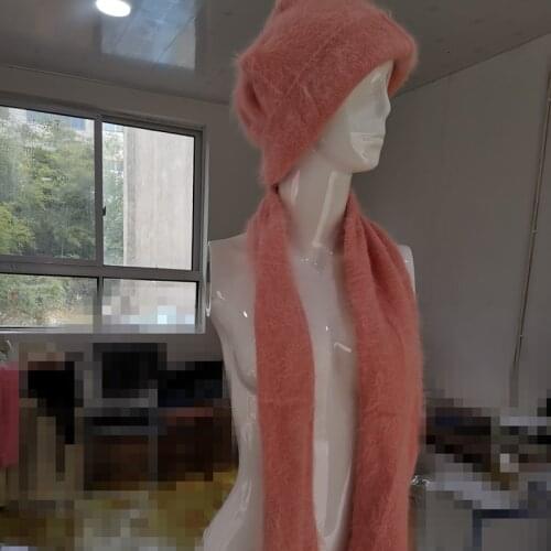 Winter Women Angora Fluffy Scarf and Hat for Set 100% Mink Cashmere Soft JNS040