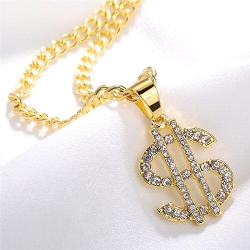 Gold Us Dollar Sign Crystal Necklace Hip Hop Dance Charm Chain Hiphop Golden Chock Necklace For Man Lover Jewelry Gifts