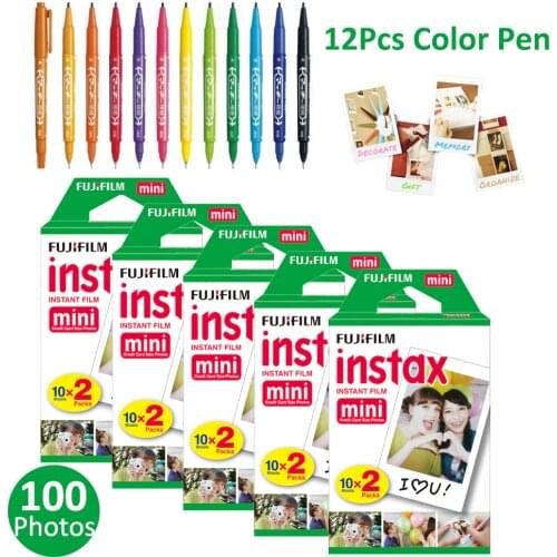 100 Sheets Fujifilm Instax Mini Film White Photo Papers For Fuji Instant Mini 11 9 8 7s 25 90 Camera + Free 12Pcs Drawing Pens