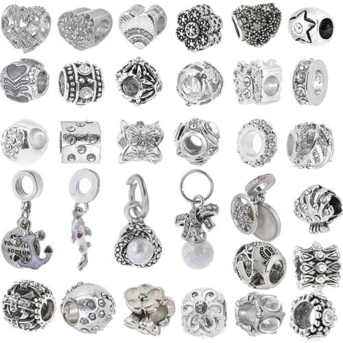 2Pcs Silver Heart Shaped Sparkling Dog Paw Leaves Cubic Zirconia Flower Beads Fit Brand Charm Bracelet DIY Women Jewelry Making
