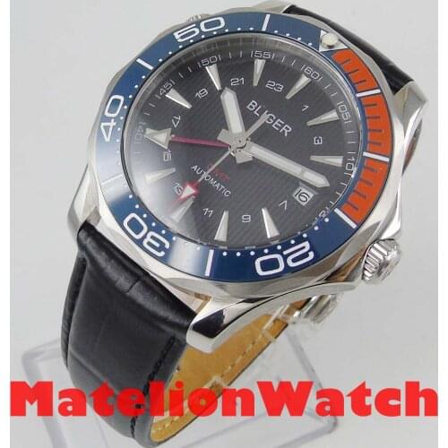 2019 New 41mm Bliger GMT Automatic watch men Luxury mechanical waterproof Black dial leather strap Blue Red ceramic luminous 958