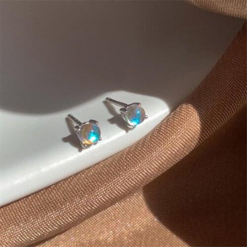 925 Sterling Silver Moonstone Round Bead Charm Stud Earring For Women Girls Party Wedding Jewelry Pendientes Accessories eh010