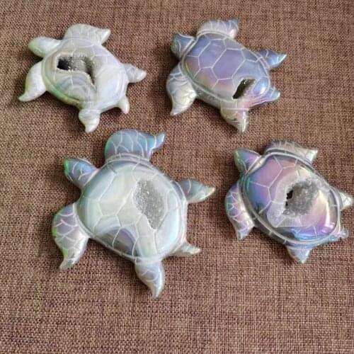 Aura Agate Geode Sea Turtle Natural Stones Quartz Gems Minerals Crystals Gemstones Healing Reiki Home Decoration