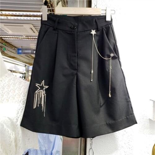 Black Half Pants for Women 2021 Summer New Simple Rhinestone Detachable Chain Tassel Casual Suit Trousers Lady Femme