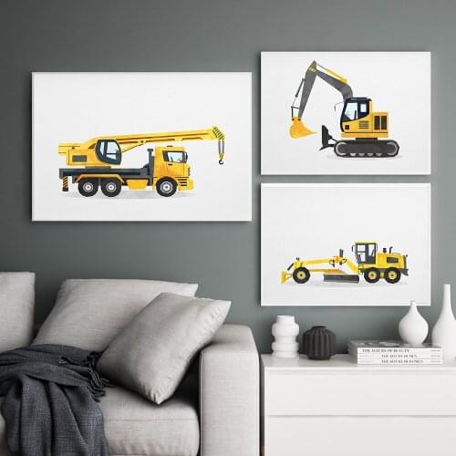 Excavator Construction Transport Vehicle Wall Art Poster Yellow Canvas Painting Prints Childrens Room Nordic Home Decoration