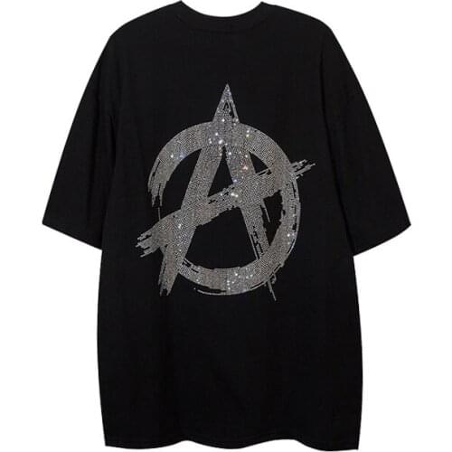 Oversized T-shirt High Street Hip-hop Diamond-studded Shiny Peace And Anti-war T-shirt Mens Short-sleeved Summer Top