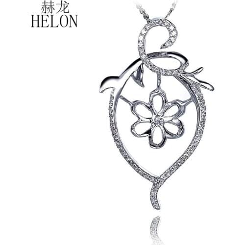HELON Round Pearl 11mm Solid 10K White Gold Flower Shape Pave Natural Diamond Semi Mount Engagement Women Trendy Jewelry Pendant