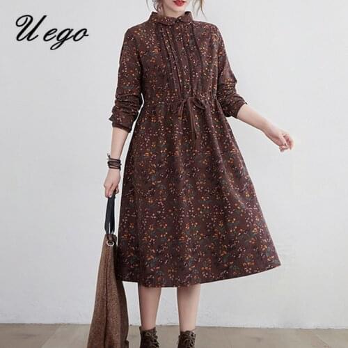 Uego Linen Cotton Autumn Dress Print Floral Prairie Chic Female Vintage Dress Drawstring Slim Women Casual Midi Spring Dress