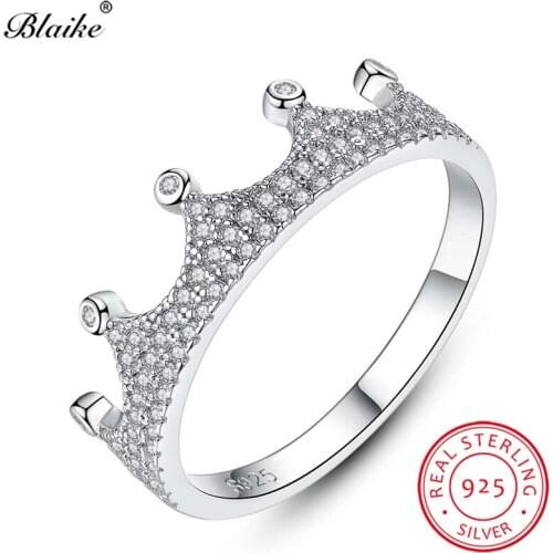 Blaike Solid s925 Sterling Silver Cute Crown Rings For Women White aaa Zircon Stone Wedding Bands Ladies Crystal Fine Jewelry