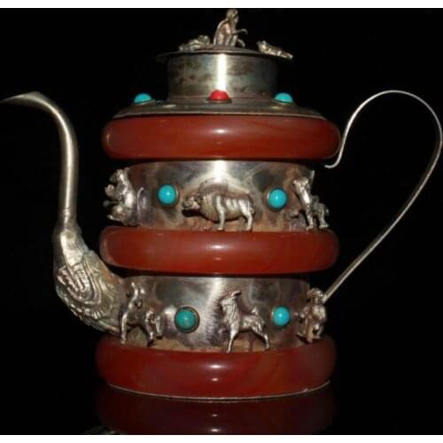 China red jade handwork inlay White copper Zodiac teapot crafts statue