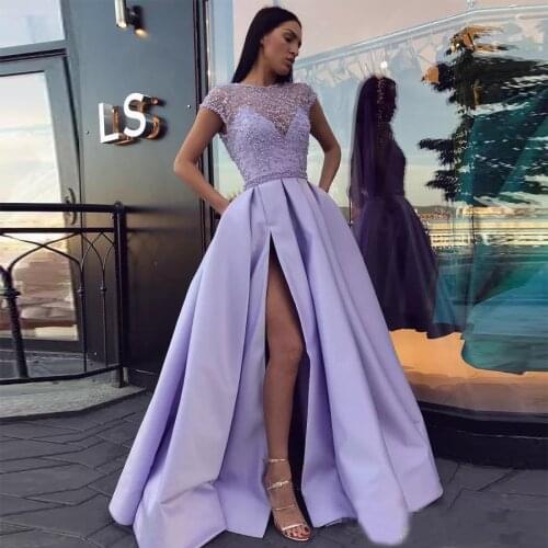 Lavender Side Split Prom Dresses Pearls Sheer Bateau Neck Cap Sleeves Evening Gowns vestidos de fiesta Floor Length Formal Dress