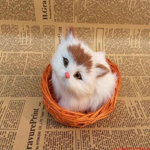 Small cute simulation cat plastic&fur cat model in a basket gift about 12x10cm a19