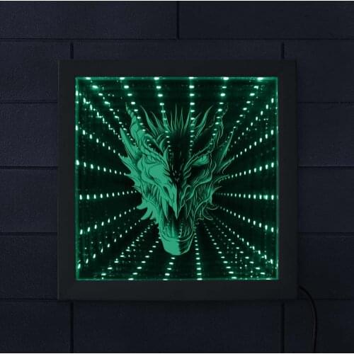 Mythical Beast Dragon Head LED Infinity Mirror Frame Gothic Dragon Stunning Optical Illusion Color Change Lighting Wood Frame