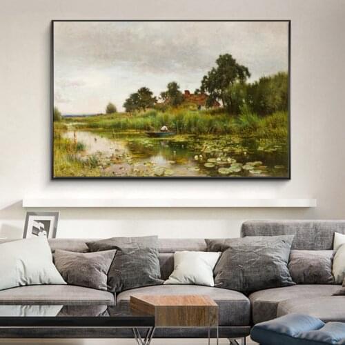 Young Man In Boat Lotus River Landscape Oil Painting Canvas Prints Hot sell Picture For Bedroom Decor Wall Art Prints Poster