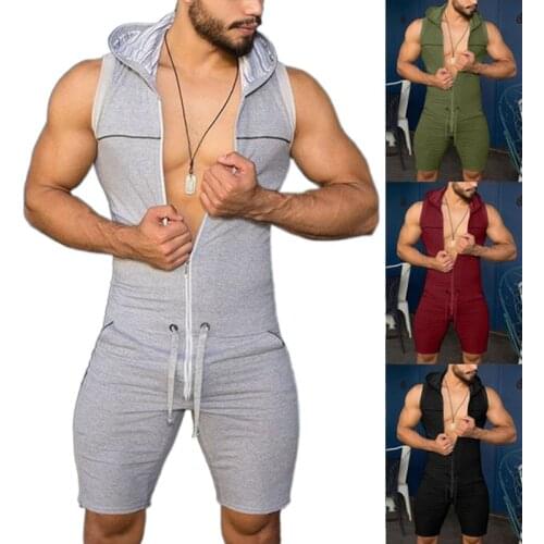 Mens Bodysuit Sleeveless Hooded Vest Undershirts Overalls Leotard Zipper Tracksuit Jumpsuits Wrestling Singlet Pajamas Rompers