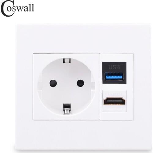 Coswall PC Panel 16A EU Wall Power Socket With Female to Female HDMI-compatible 2.0 & USB 3.0 Connector