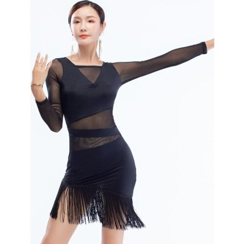 New Women Latin Dance Training Tassel Clothing Sexy Long Sleeve Printing Ballroom Dress Tango Modern Rumba Performance Dancewear