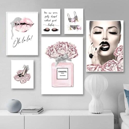 Pink Flower Perfume Fashion Underwear Heels Poster Sliver Lips Makeup Print Canvas Painting Wall Picture Girl Room Home Decor