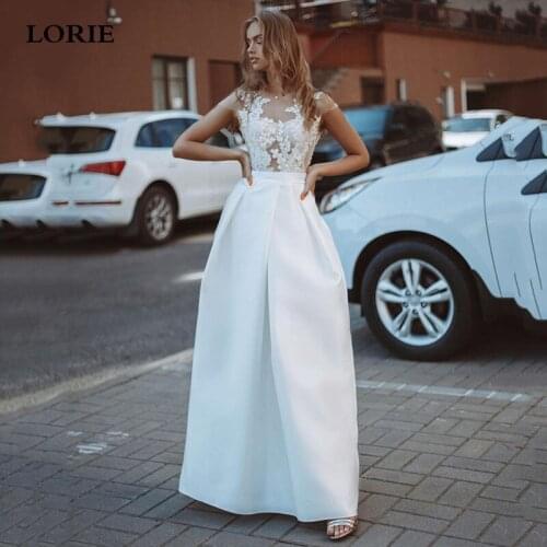 LORIE Simple Satin Wedding Dresses Lace And Bridal Dresses Cap Sleeve Vestido De Novia Floor Length Wedding Party Gown 2021