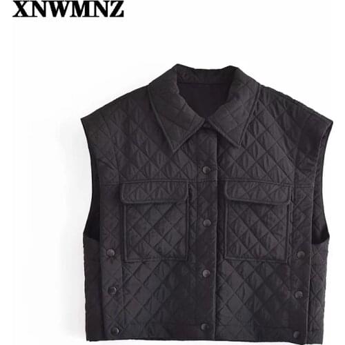 XNWMNZ Women 2021 Black Pockets Cropped Vests Fashion Side Adjustable Buttons Turn-down Collar Waistcoat Streetwear Vest Jacket