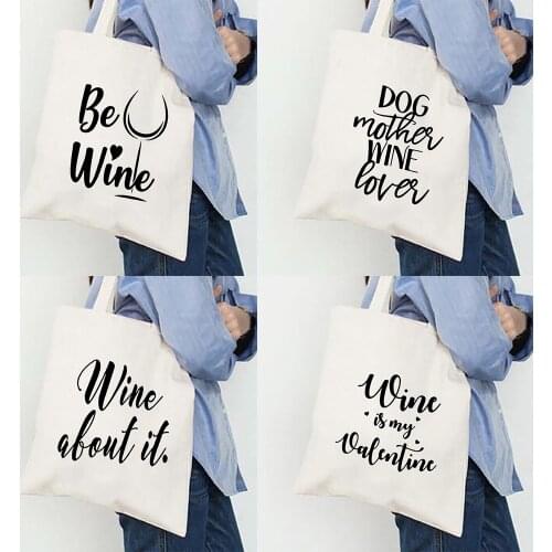 Funny Wine Print Women Shoulder Bag Female Cotton Canvas Tote Bag Female Daily Shopper Handbag Fashion Grocery Shopping Bag