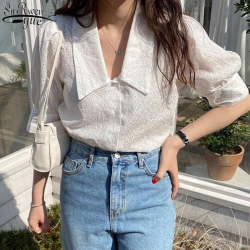 Korean Clothing White V-neck Puff Sleeve Large Lapel Lace Embroidered Womans Shirts Sweet Top Female One Size 10197