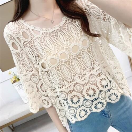 Women Casual Beach Cover Up Sexy Hollow Out Crochet Tops T Shirt Female Summer Swimwear Fashion Beach Wear T shirt Femme