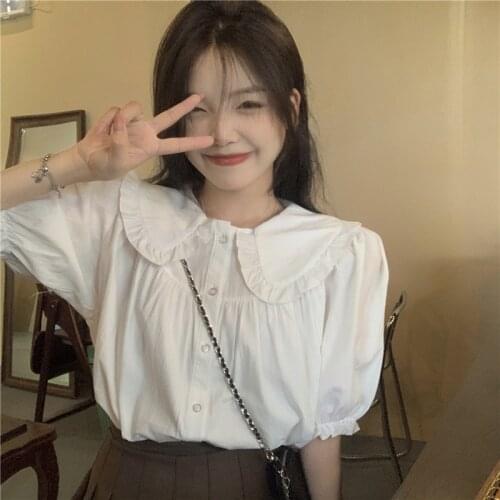 Korean Tops Chic Doll Collar Puff Sleeve Short-sleeved Shirt Solid Casual Vintage Sweet Button Women BlouseSummer new Japanese
