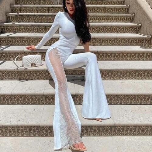 High Quality 2021 Summer WomenS Bodycon Flared Jumpsuit Sexy One-Shoulder Long-Sleeved Mesh Diamond Patchwork Party Jumpsuits