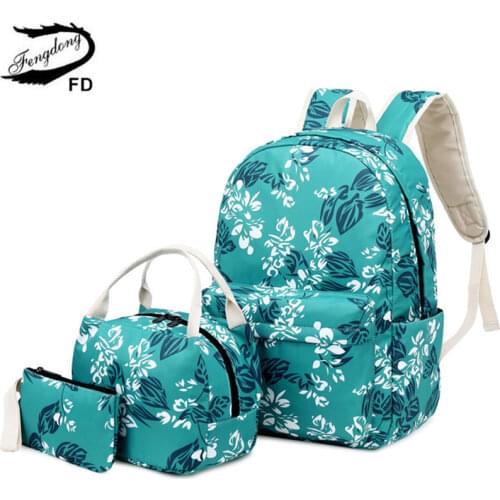 Fengdong 3pcs/set school bags for teenage girls ethnic blue flower lightweight backpack school products kids pen pencil bag set