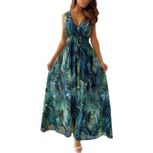 Women Summer Sleeveless Dress, Adults Sexy Backless Leaf Print V-neck