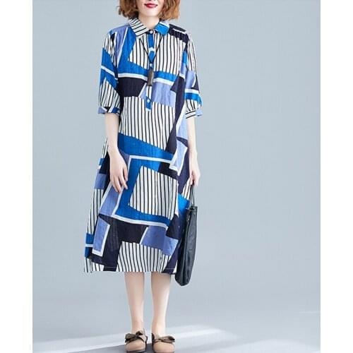 #0384 Blue Yellow Sashes A Line Casual Shirt Dress Women Striped Print Lapel Collar Loose Button Front Shirt Dress Short Sleeves