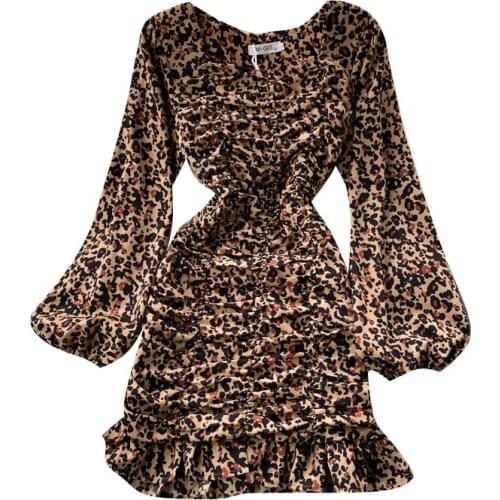 Autumn New Womens Retro Square Collar Leopard Print Embossed Hip Skirt Long-sleeved Sexy Waist Dress