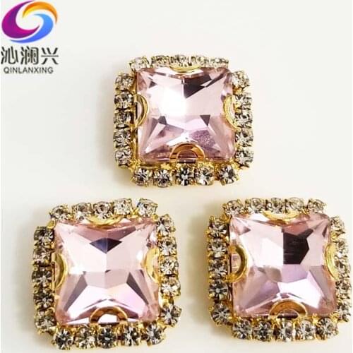 Golden bottom Pink square shape top Crystal glass buckle,sew on rhinestones use for Diy/jewelry accessories SQKG24