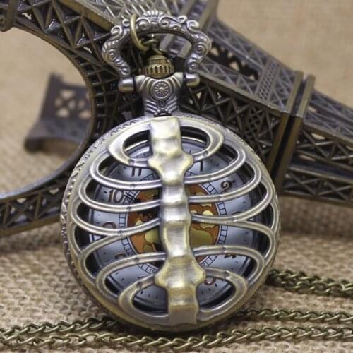 2017 Retro Steampunk Bronze Spine Ribs Hollow Quartz Pocket Watch Necklace Pendant sweater chain Women Gift