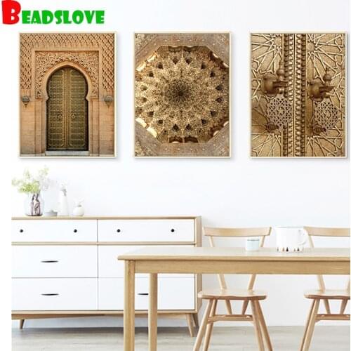 Gold Morocco Door Art 5d diy diamond painting full square round mosaic diamond embroidery rhinestone Architecture home art