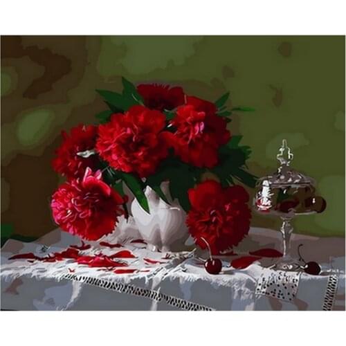 Frameless diy painting by numbers picture by numbers on canvas for home decor still life painting 4050cm red peony