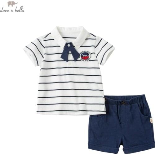 DB18087 dave bella summer baby boys casual cartoon striped clothing sets kids fashion short sleeve sets children 2 pcs suit