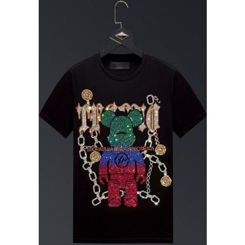 Size Plus 6XL 2021 colorful Bear Rhinestones T Shirts Men Short Sleeve Fashion Man Streetwear Modal Cotton O Neck Slim Tshirts